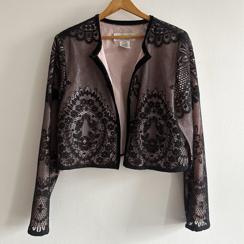 Host Pick 🎉 J.R. Nites by Caliendo Cropped Jacket Black Lace Pink Lining VINTAGE